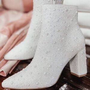 Elegant White Pearl-Embellished Ankle Boots